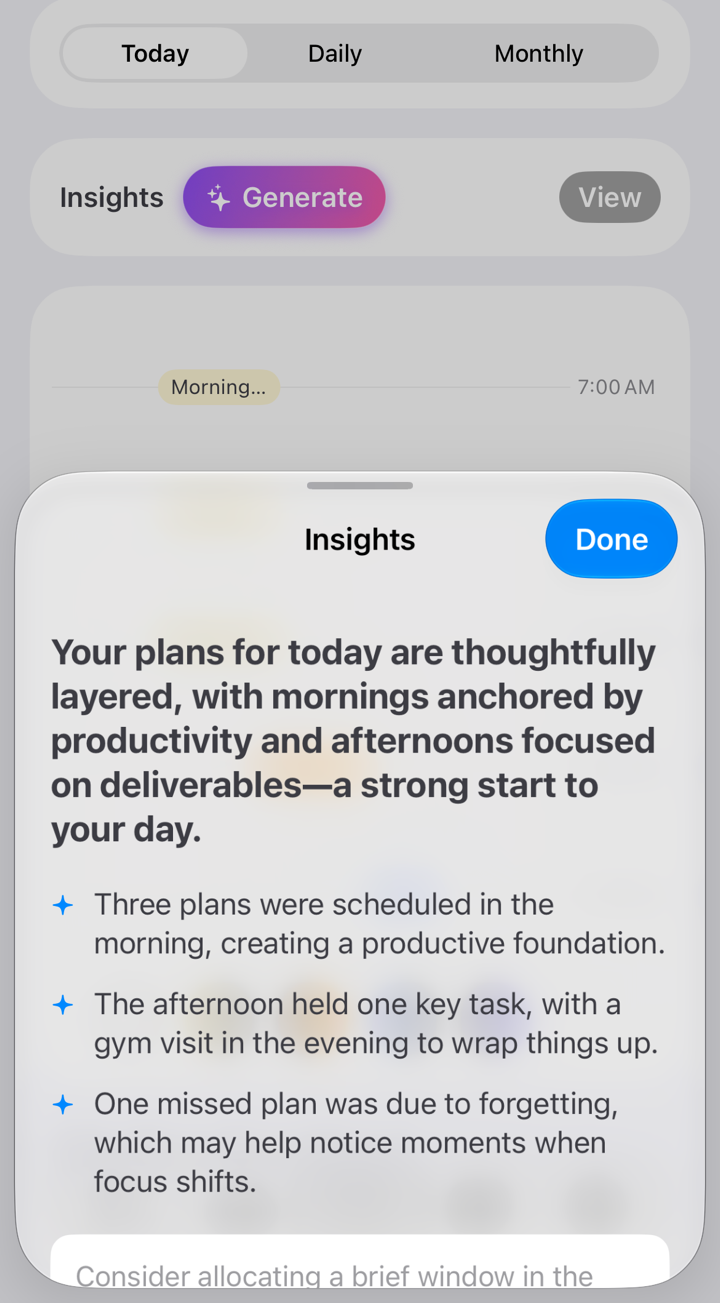 The Calendar tab with the Insights sheet open: a summary of the day and three observations.