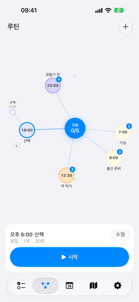 루틴 탭. 가운데 오늘을 두고 루틴들이 각자의 시간 쪽에 놓이며, 이름 아래에 요일이 보입니다.