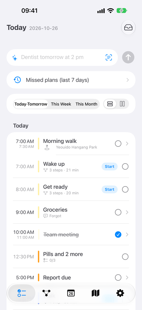 The Today tab: the sentence field above the day’s plans, each with its time.