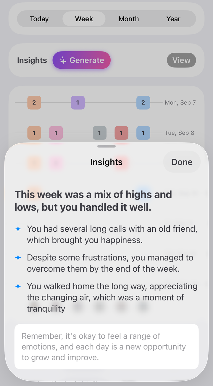 The Stats tab with the Insights sheet open: a sentence about the week, three observations under it, and a closing note.