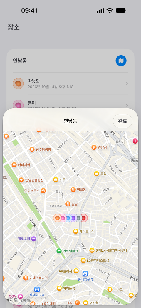 장소 탭. 감정을 기록한 곳을 지도 위에 보여주는 화면.