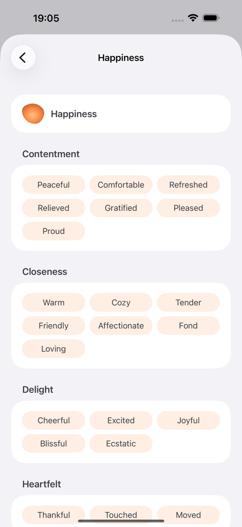 Recording a mood: choosing a category, then an emotion, then how strong it feels.