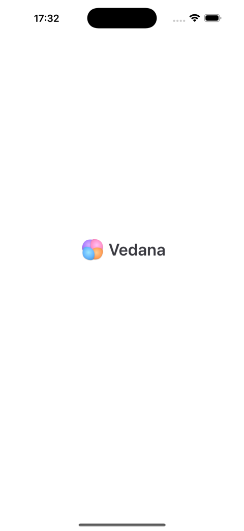 Vedana 실행 화면. 앱 마크와 이름이 가운데 놓인 스플래시.